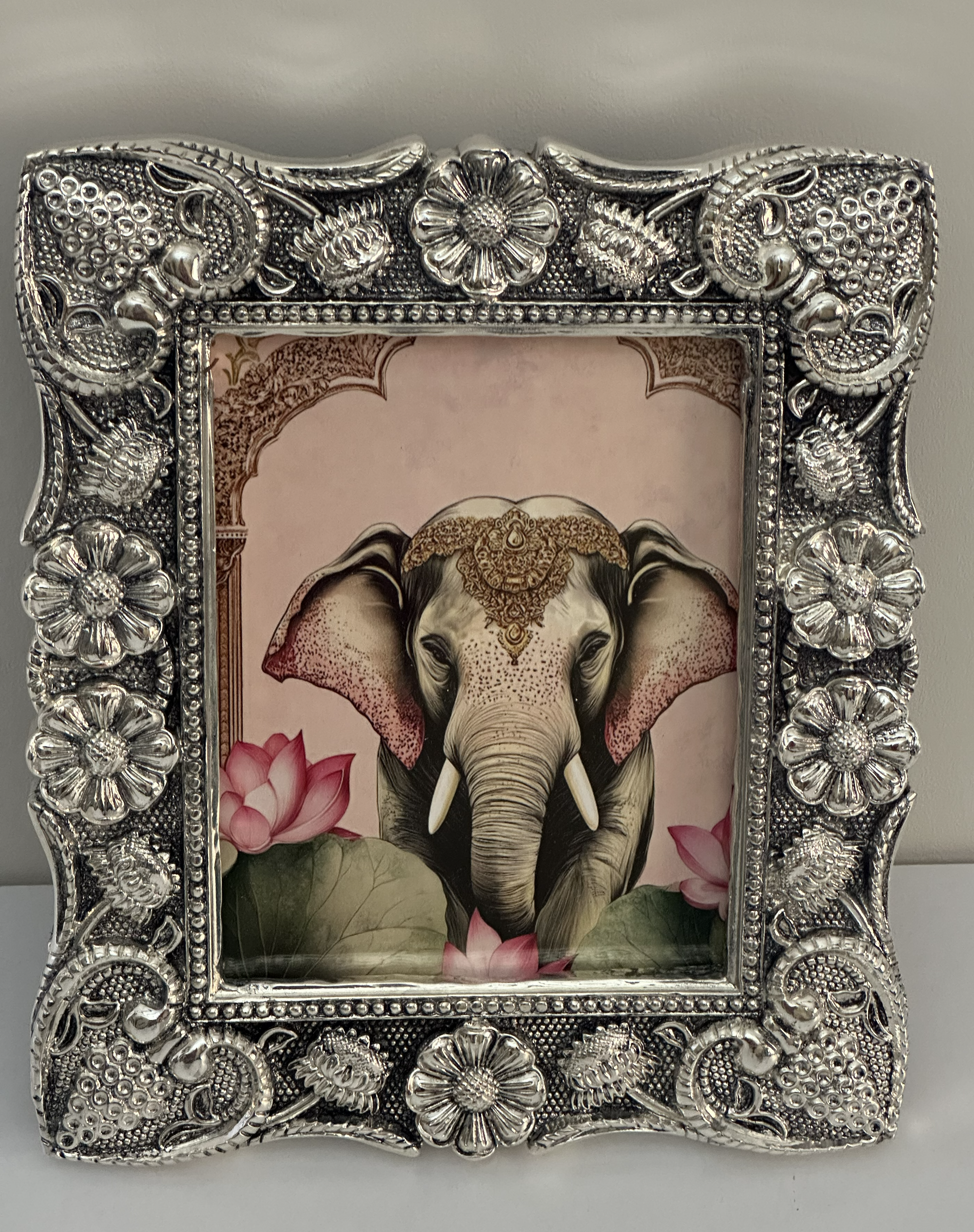 Pure Silver Floral Elephant Motif Photo Frame