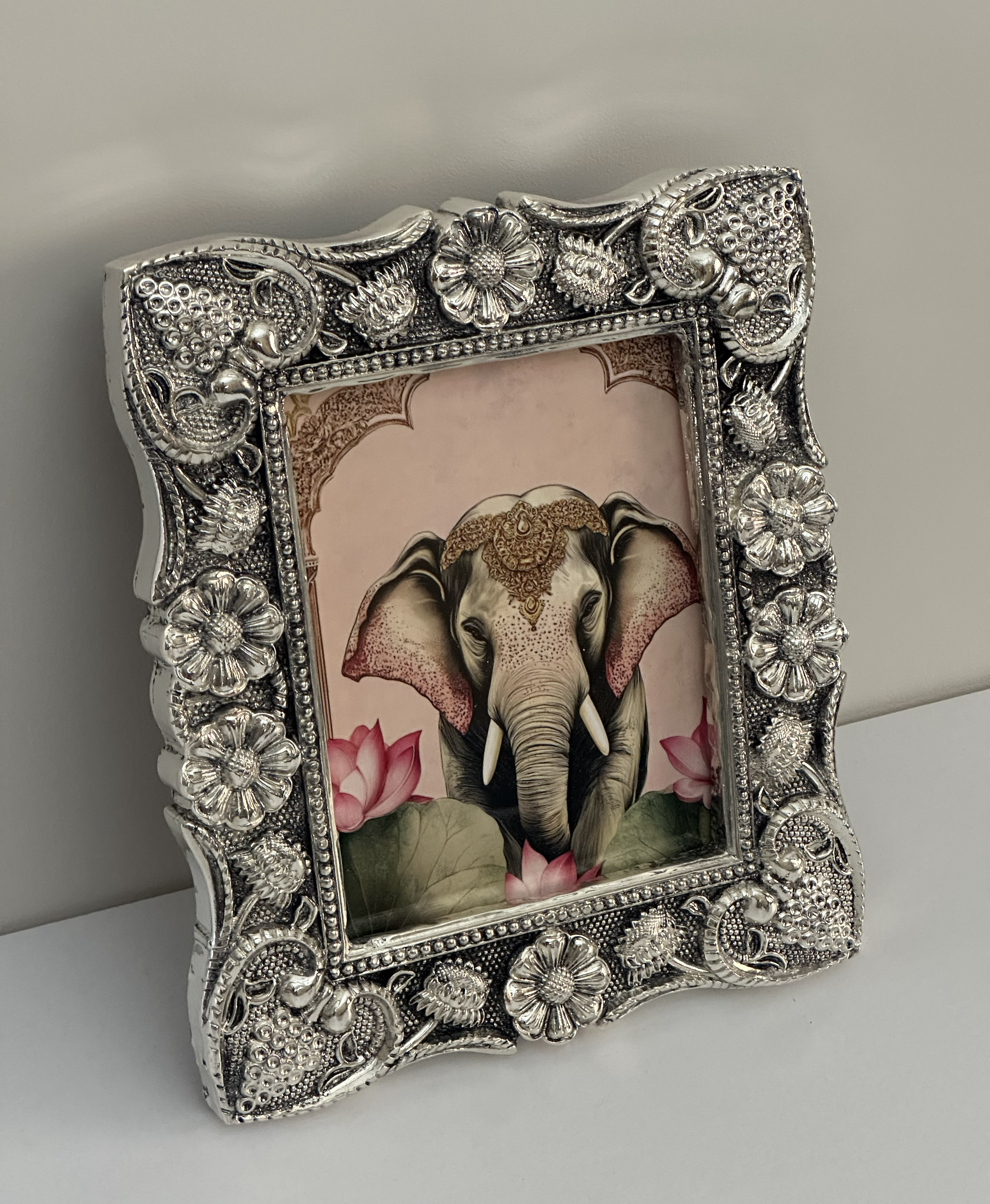 Pure Silver Floral Elephant Motif Photo Frame