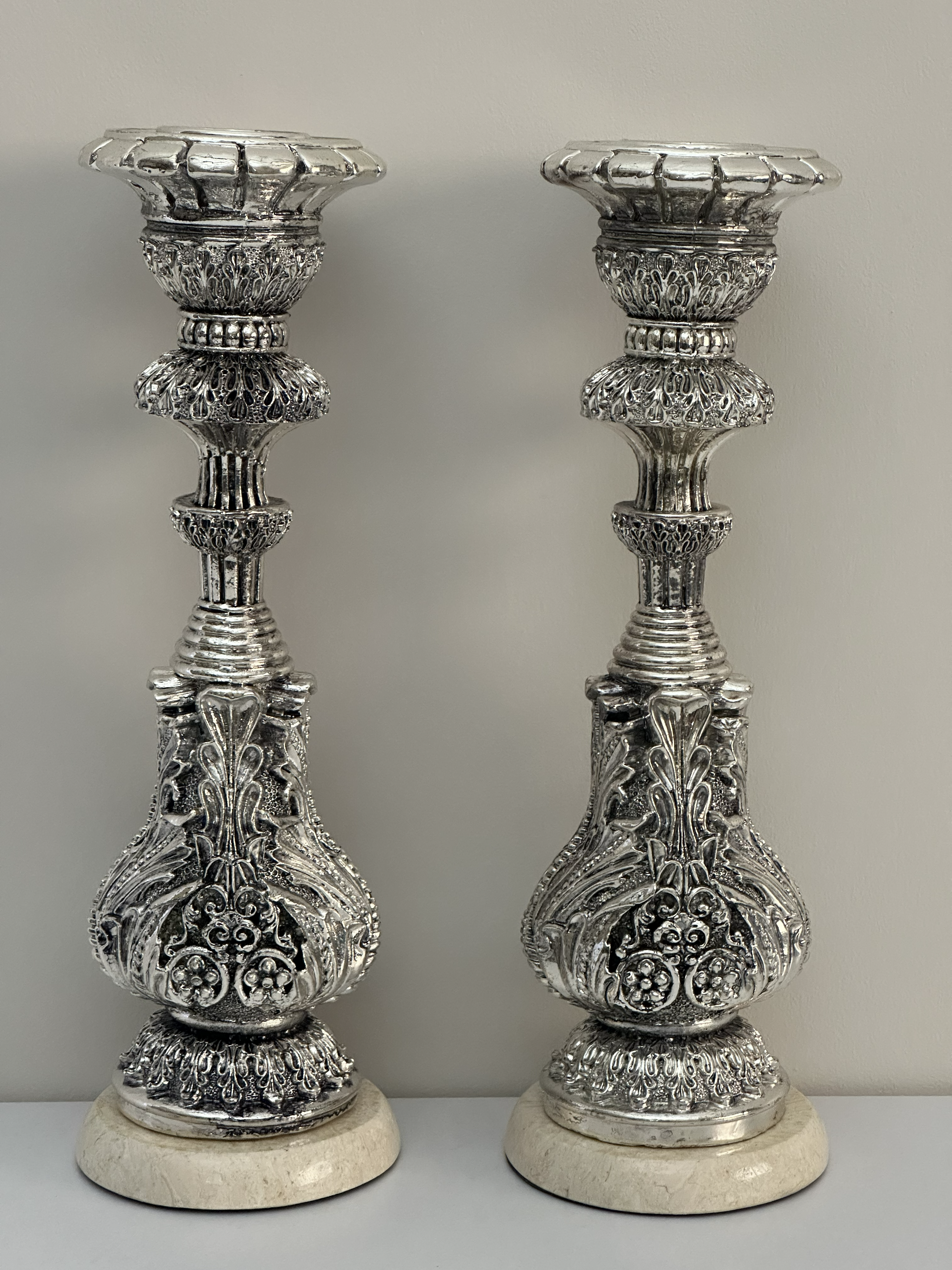 Antique Silver Ornate Candle Holder Set (Pair)