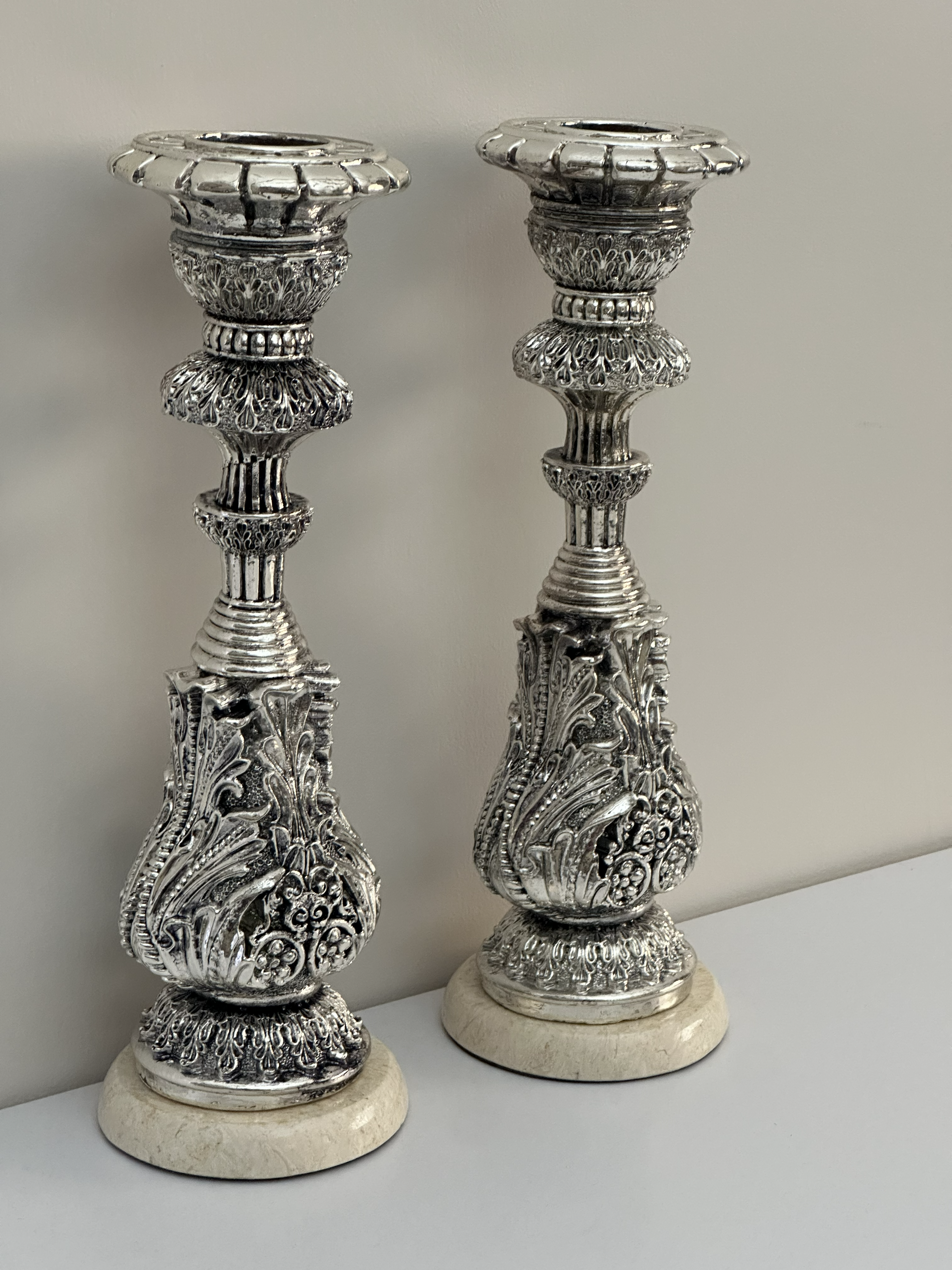 Antique Silver Ornate Candle Holder Set (Pair)