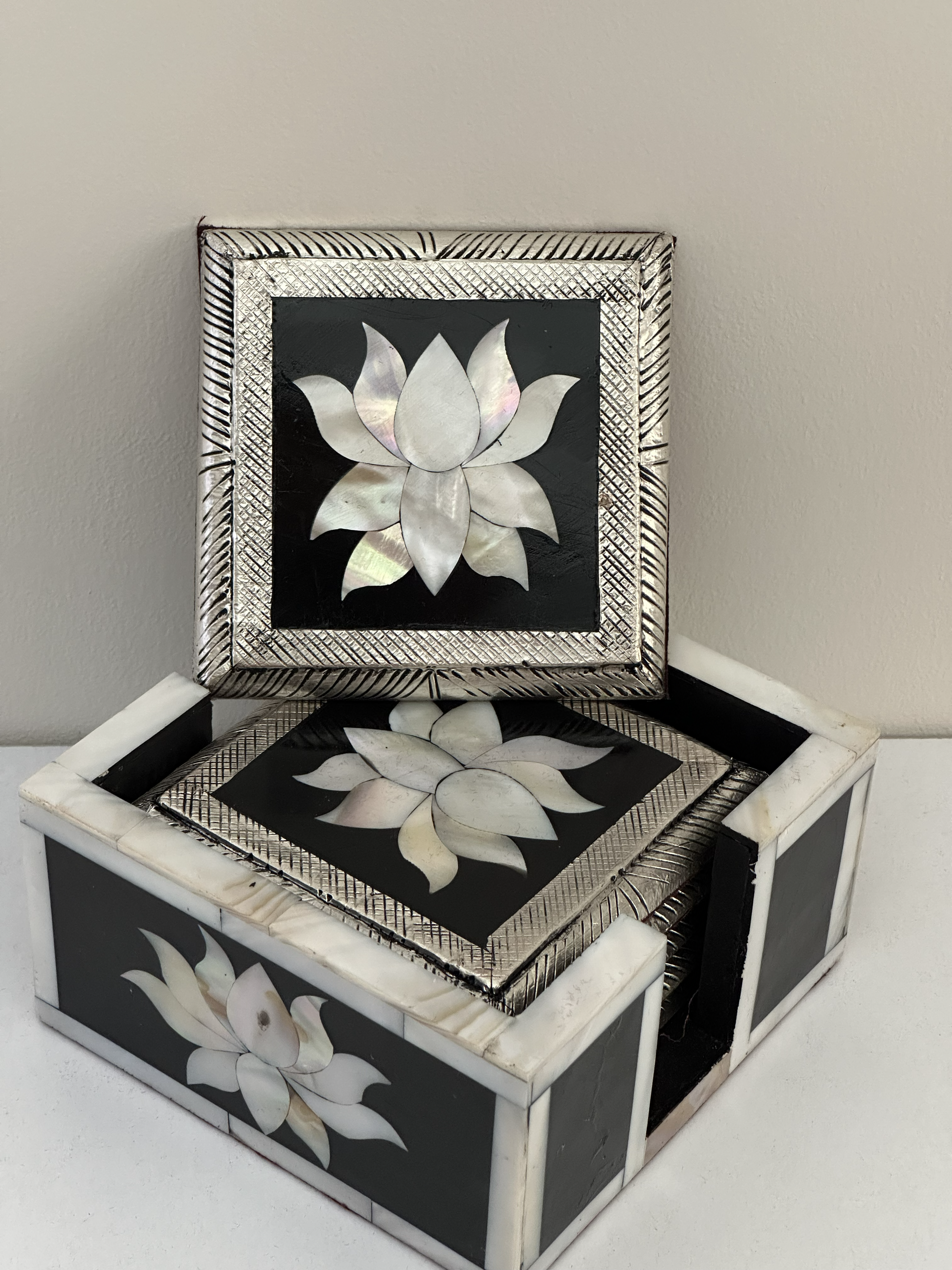 Lotus Inlay Coasters Set with Storage Holder (Set of 6)