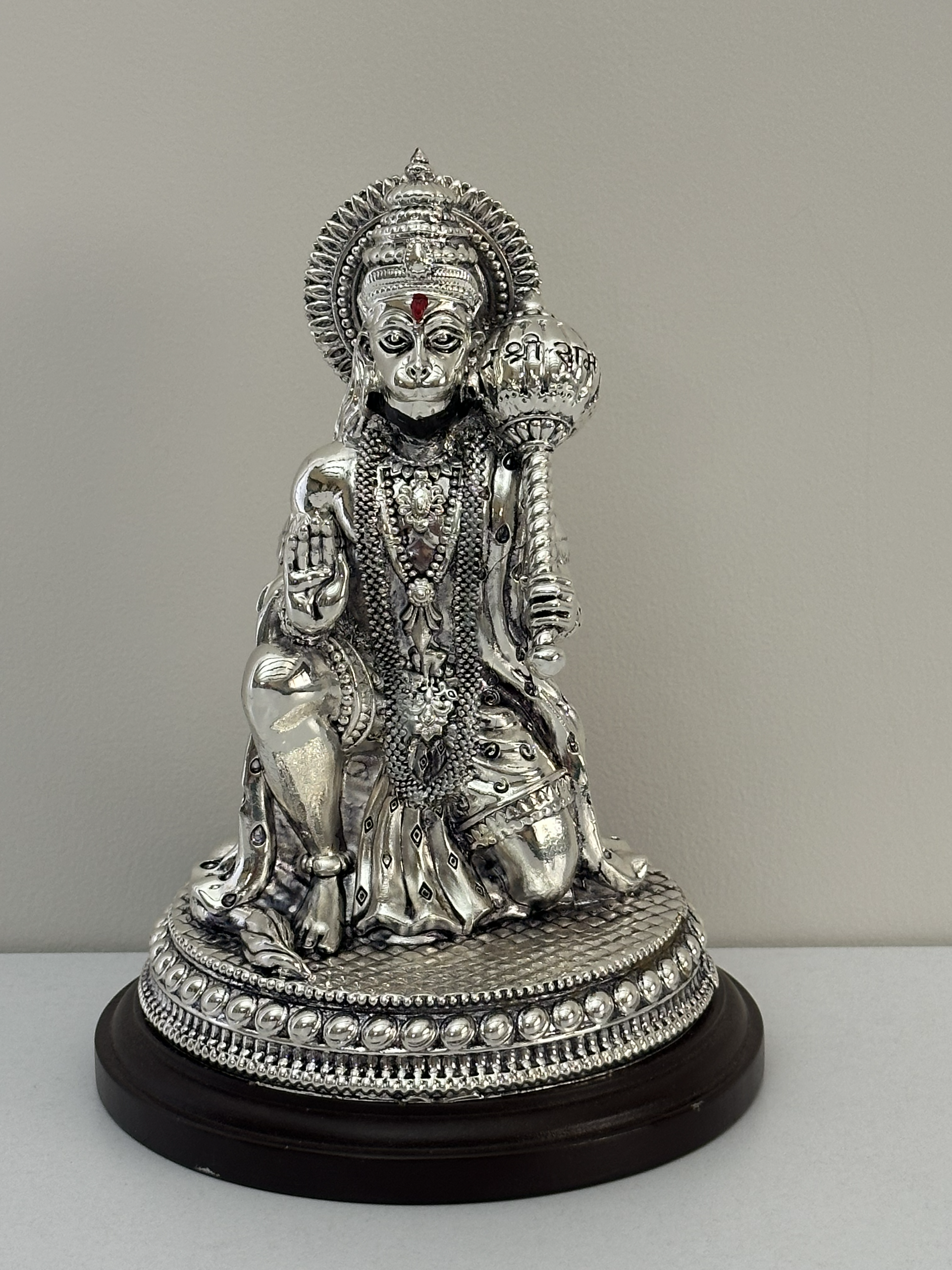 Pure Silver Lord Hanuman Idol with Wooden Base