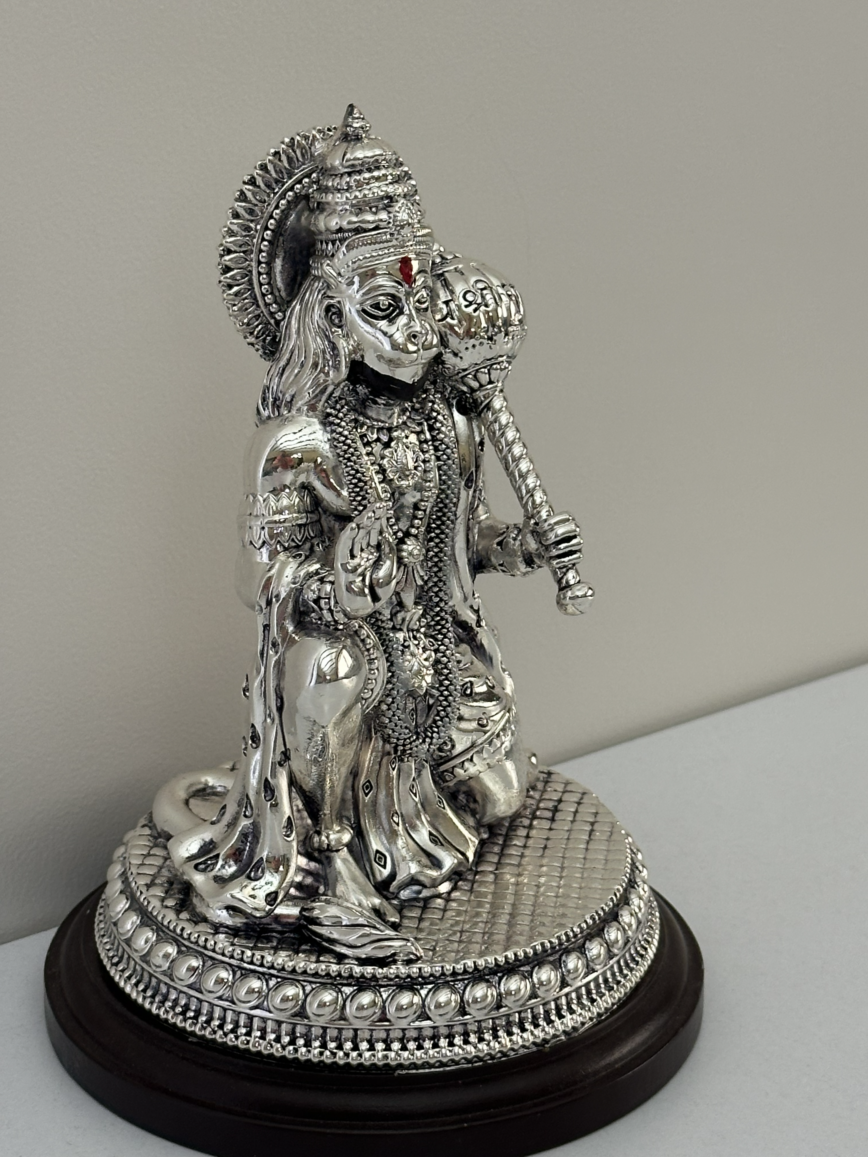 Pure Silver Lord Hanuman Idol with Wooden Base