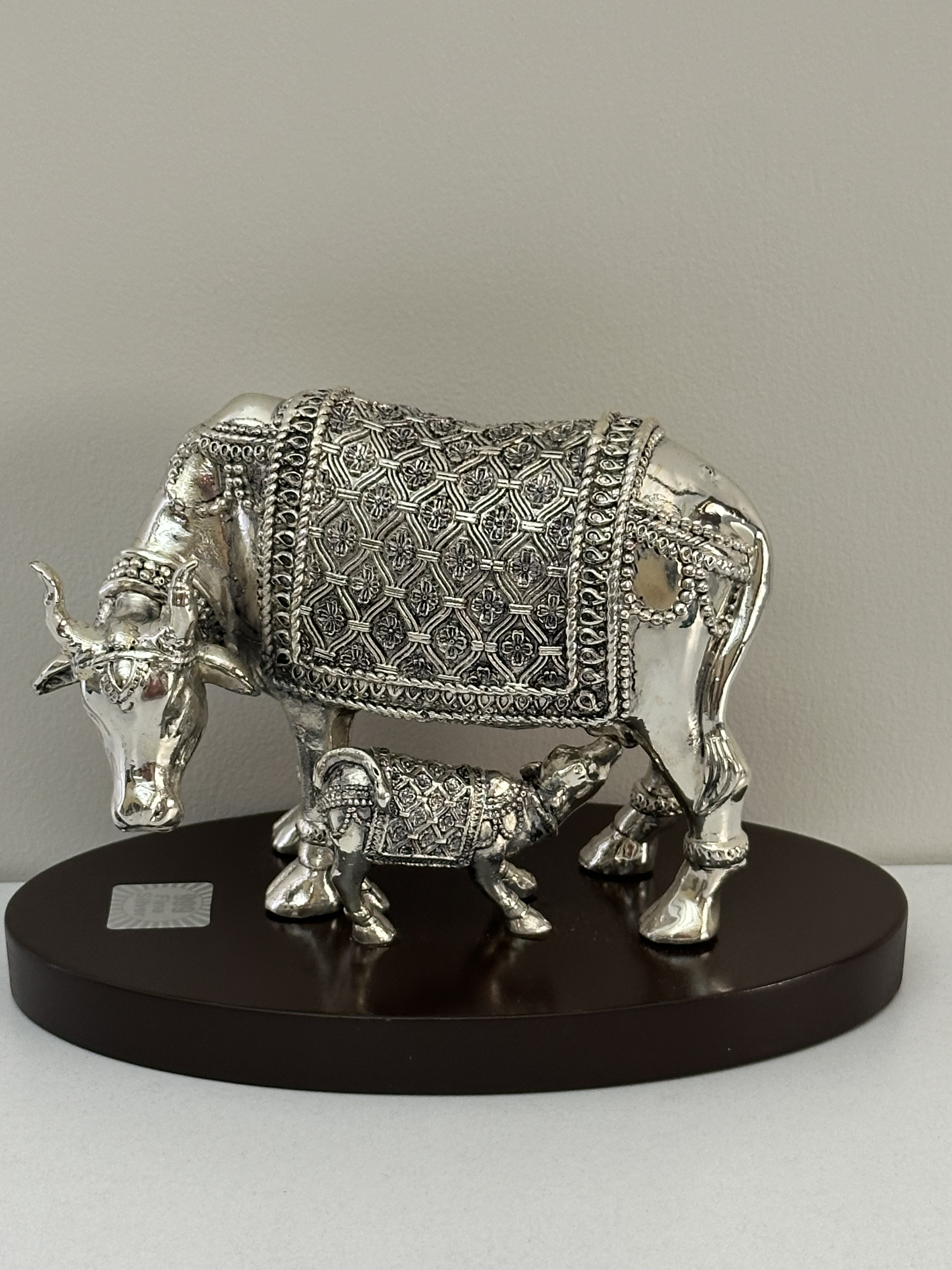 Pure Silver Kamdhenu Cow & Calf Idol on Wooden Base