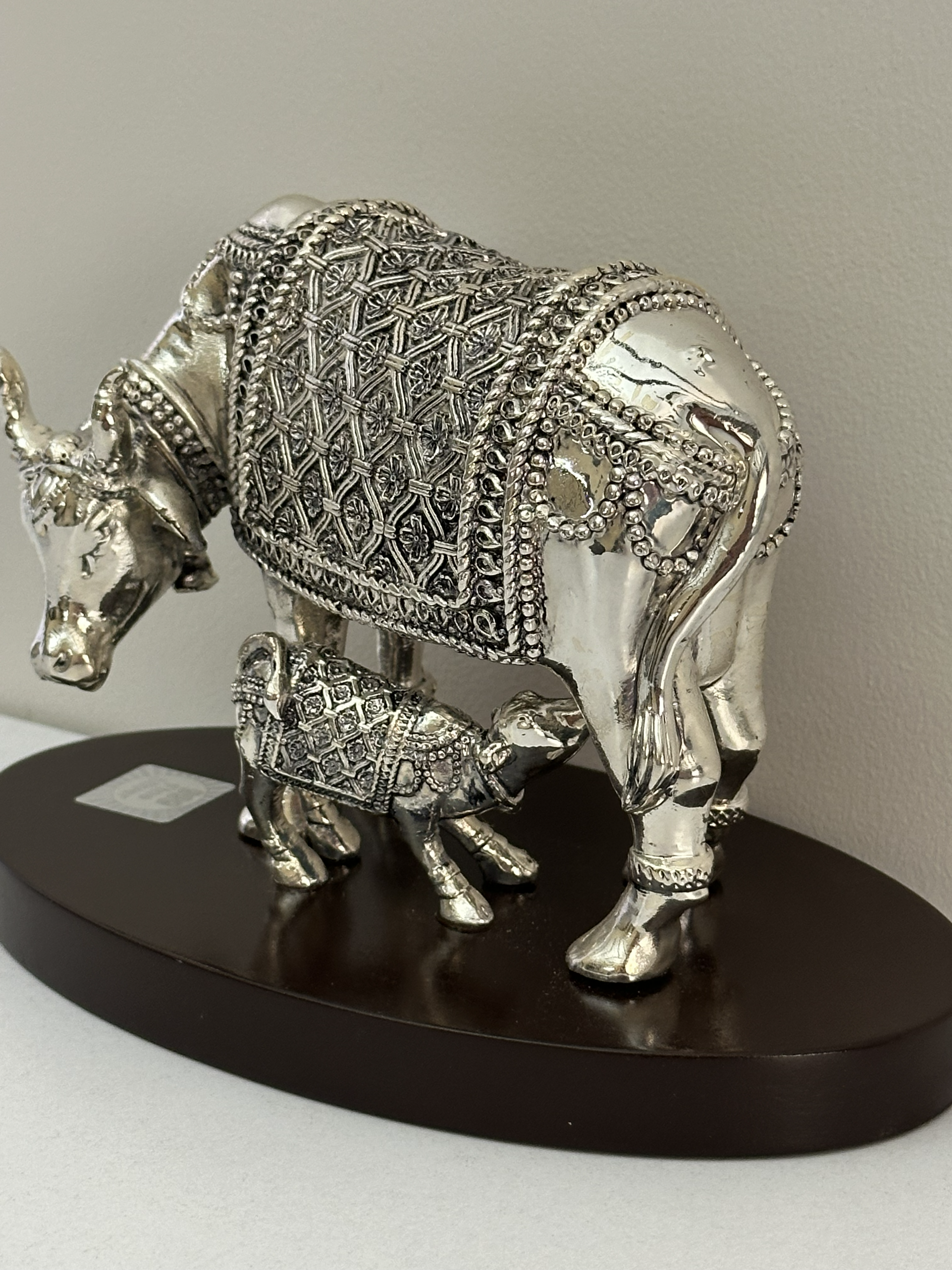 Pure Silver Kamdhenu Cow & Calf Idol on Wooden Base