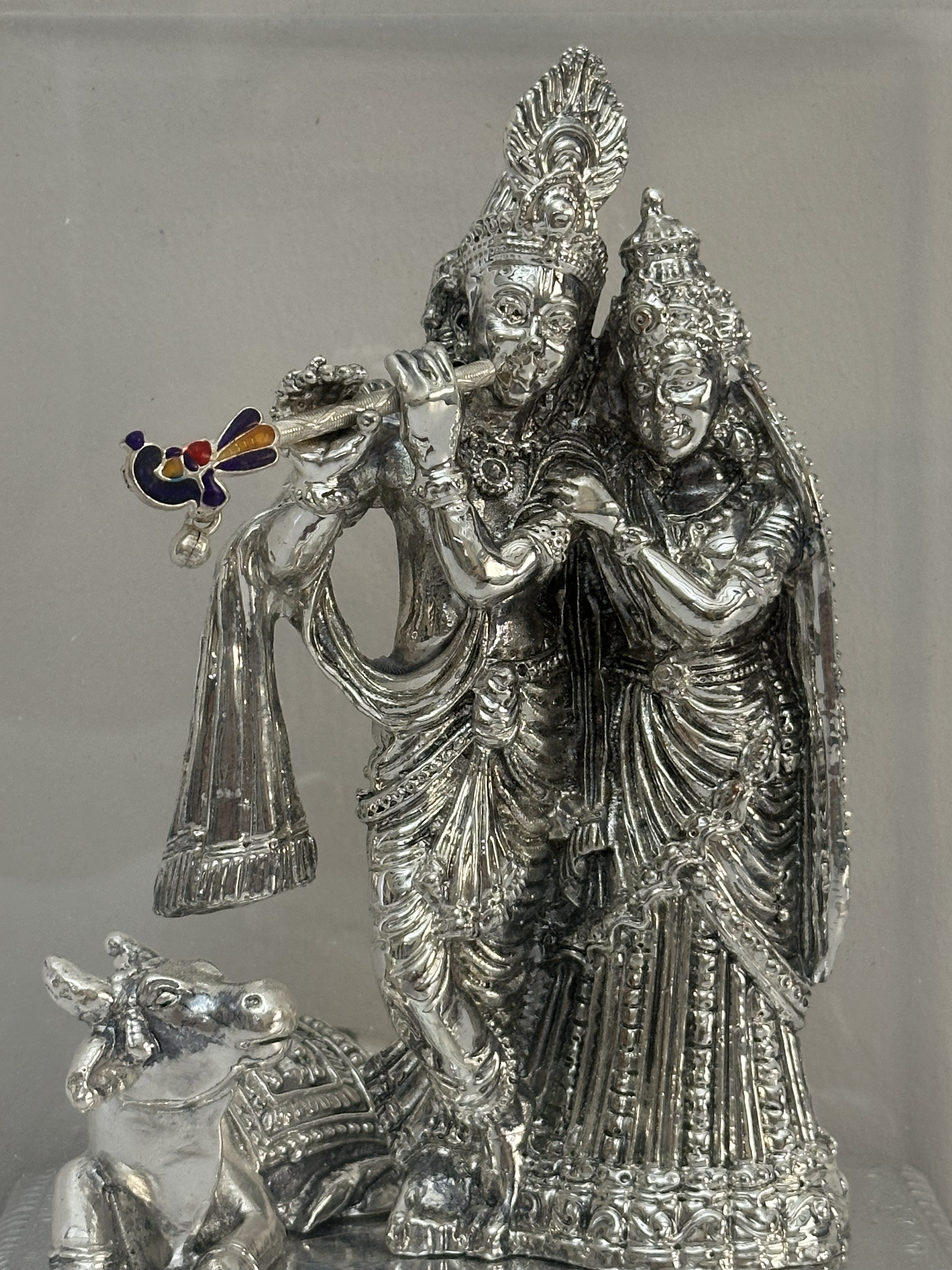 Pure Silver Radha Krishna Idol with Acrylic Case