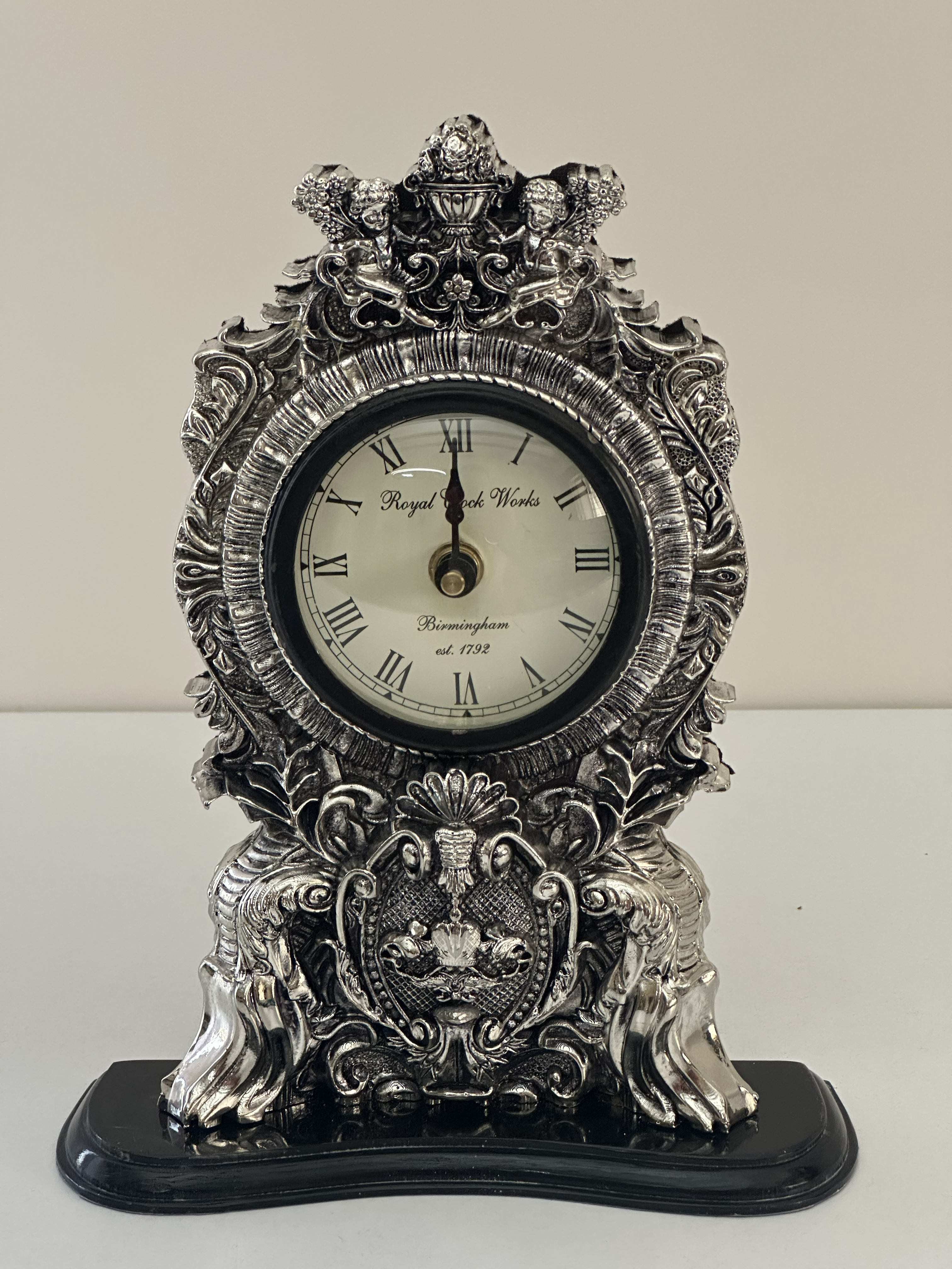 Antique Silver Ornate Table Clock with Sculpted Frame