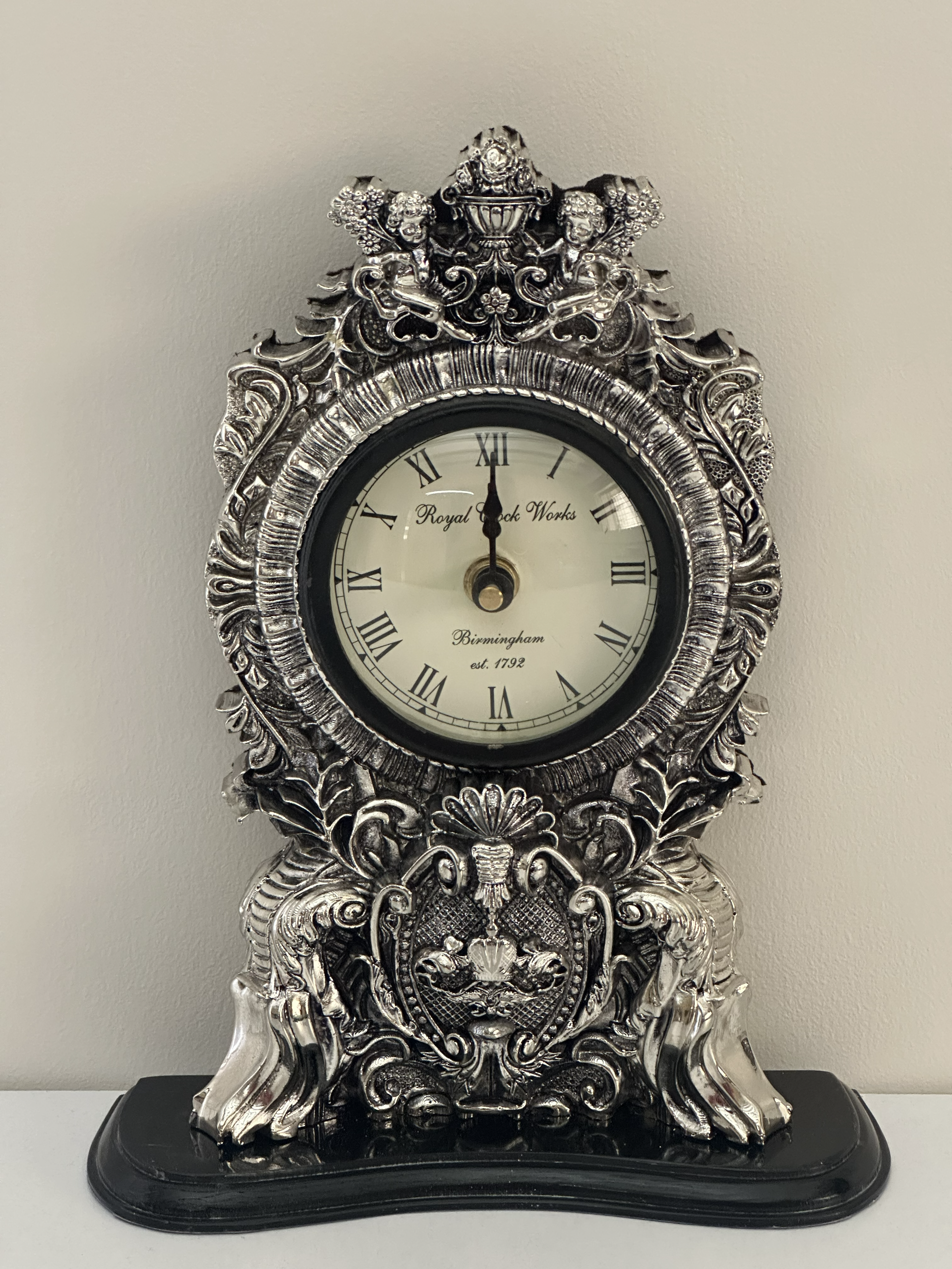 Antique Silver Ornate Table Clock with Sculpted Frame