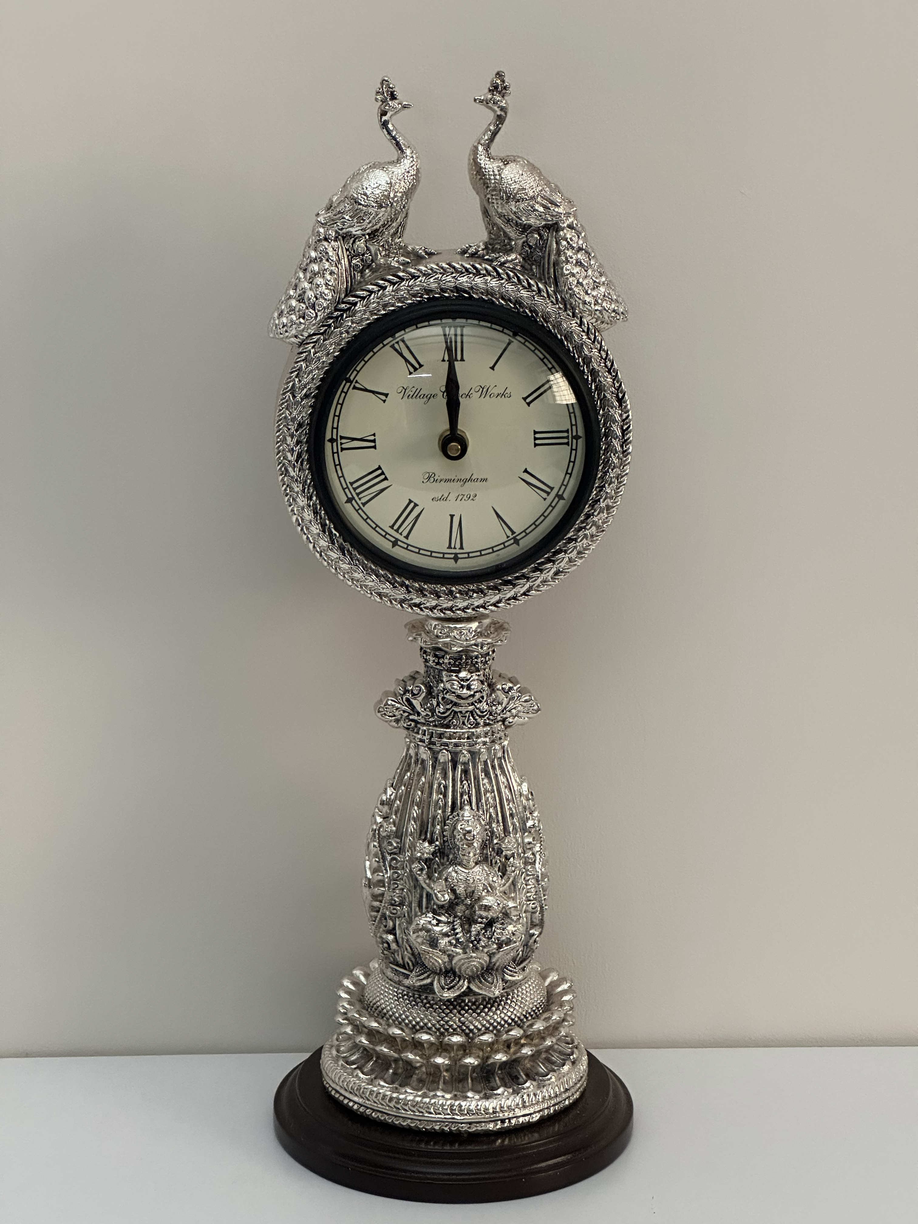 Pure Silver Peacock Twin Table Clock with Decorative Base