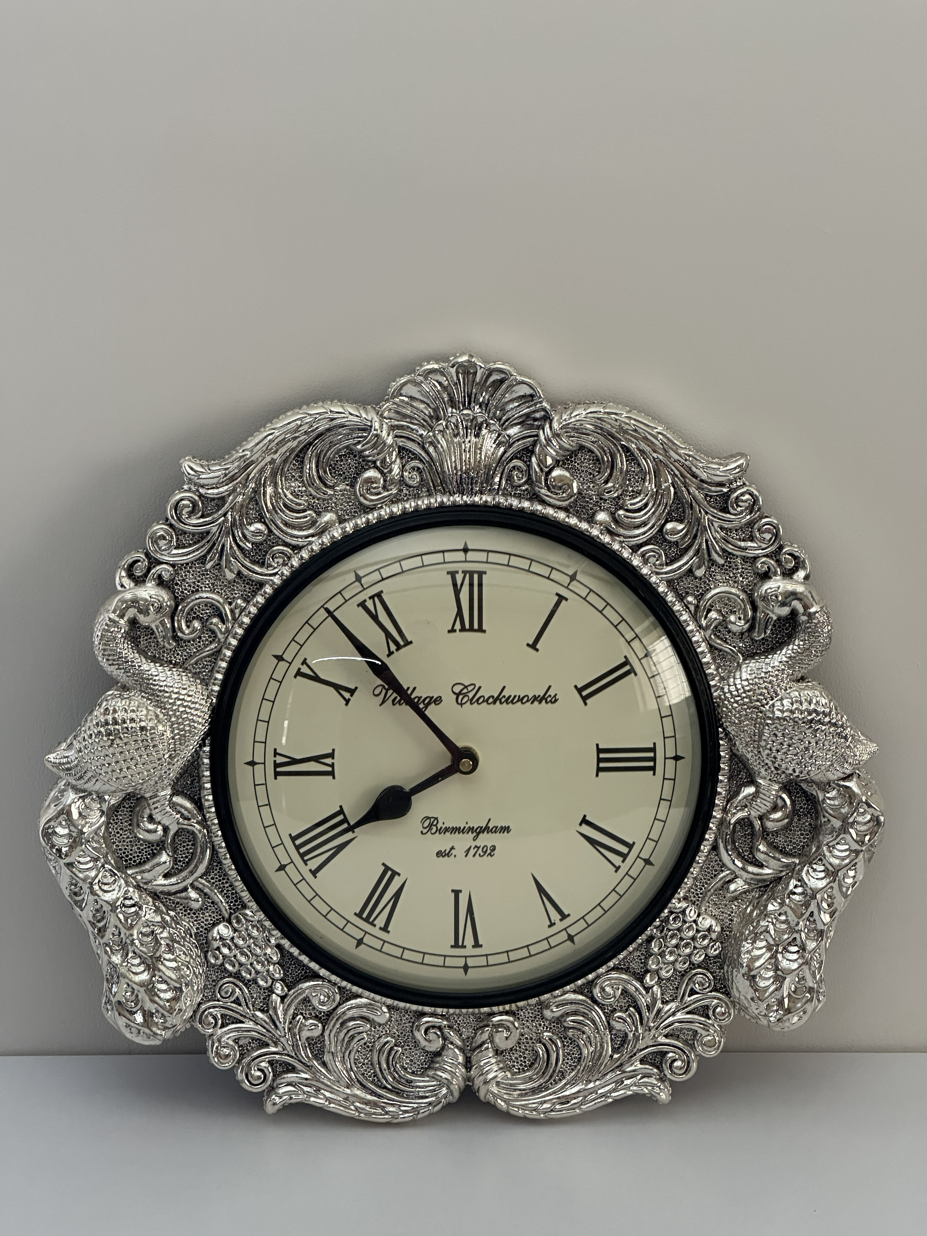 Pure Silver Peacock Ornate Wall Clock