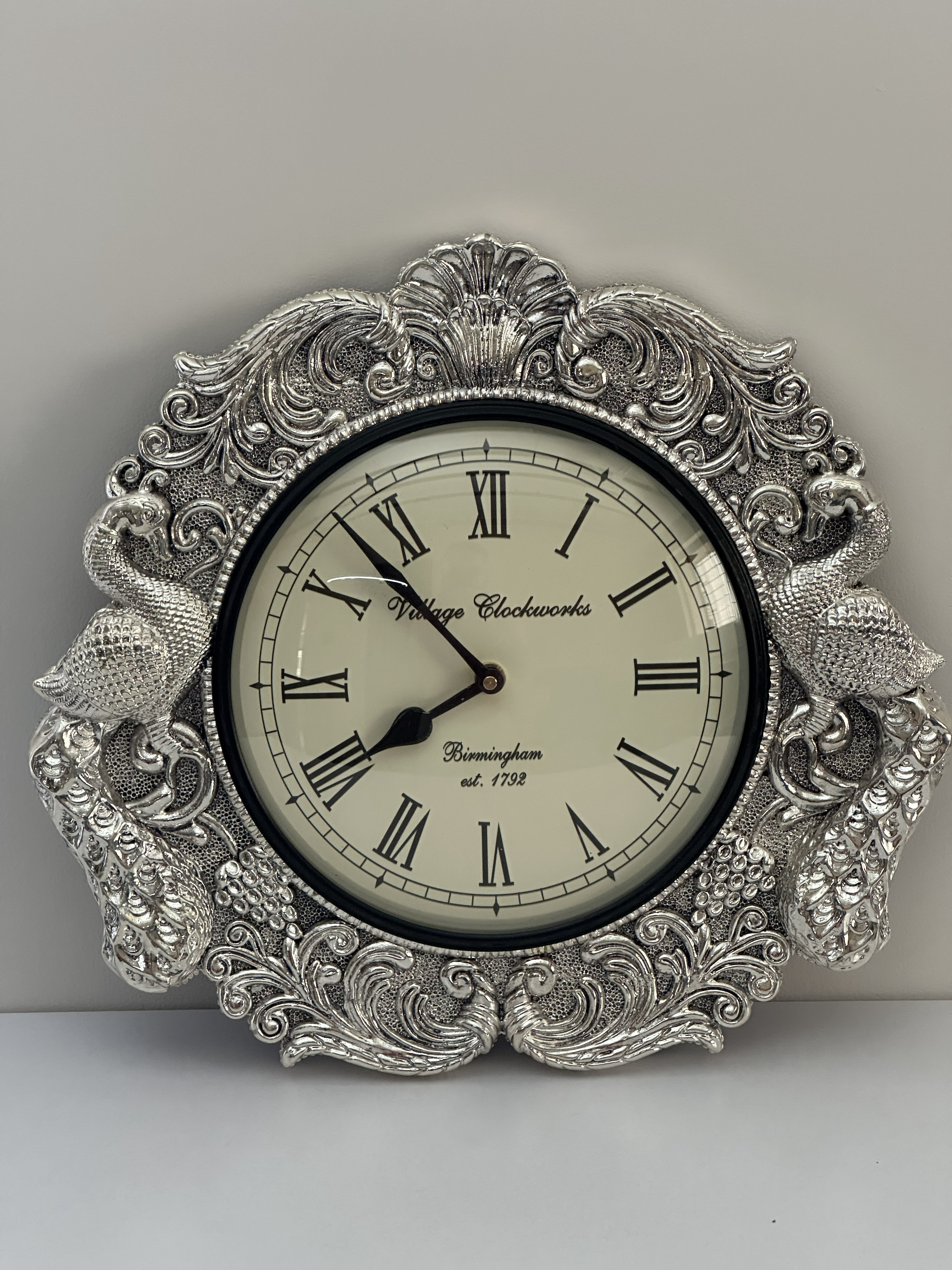 Pure Silver Peacock Ornate Wall Clock