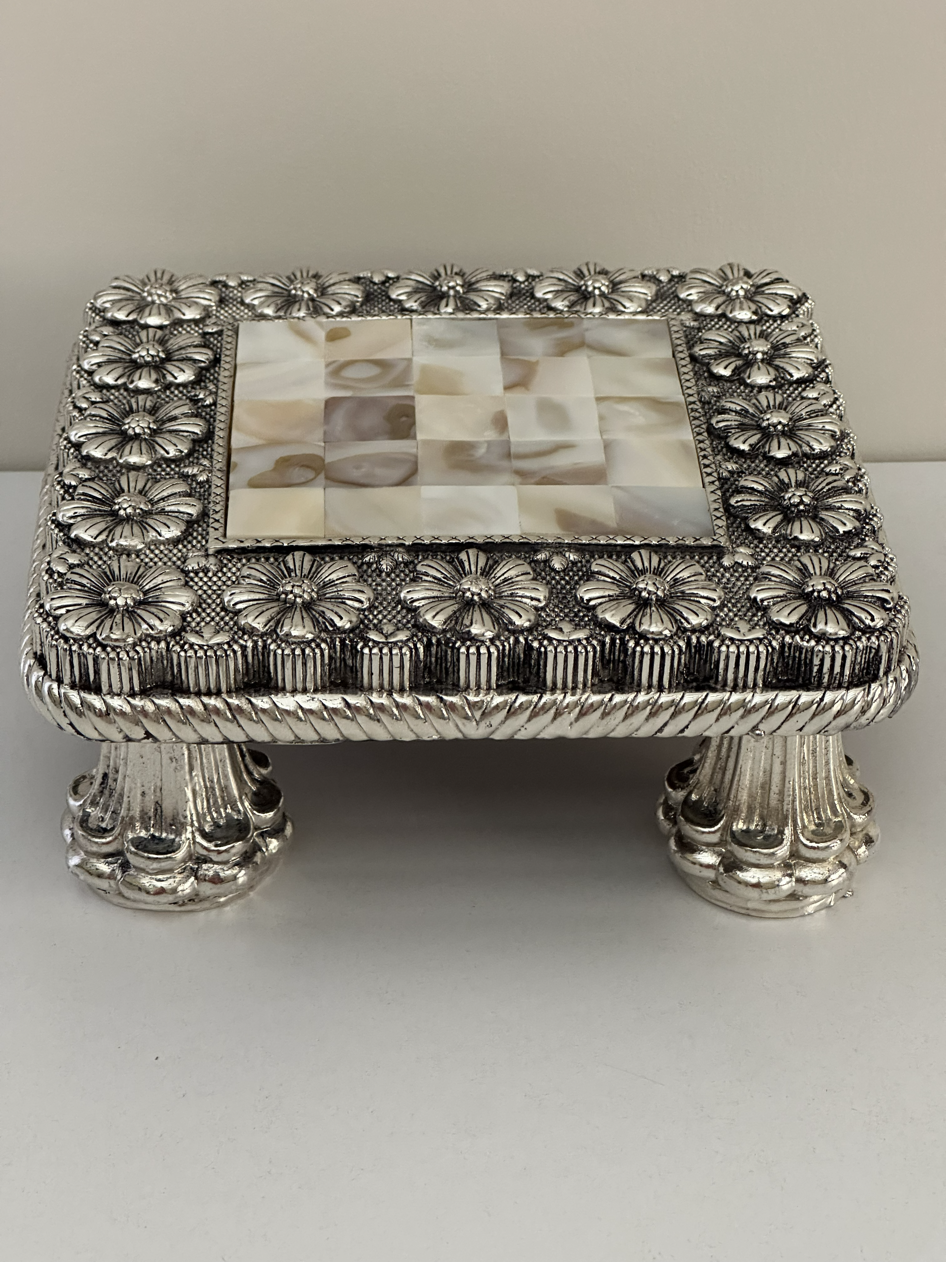 Pure Silver Puja Chowki with Floral Detailing