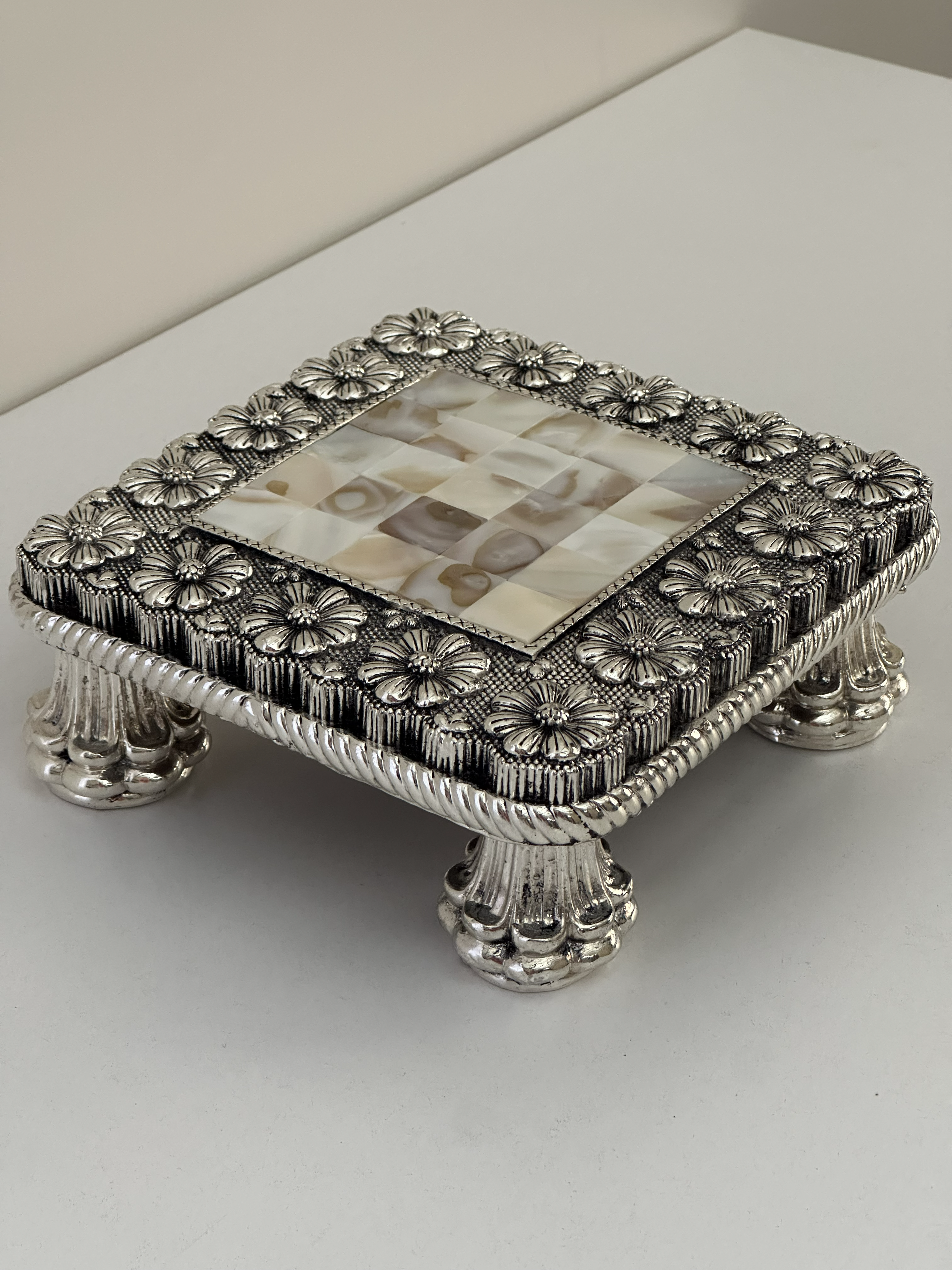 Pure Silver Puja Chowki with Floral Detailing