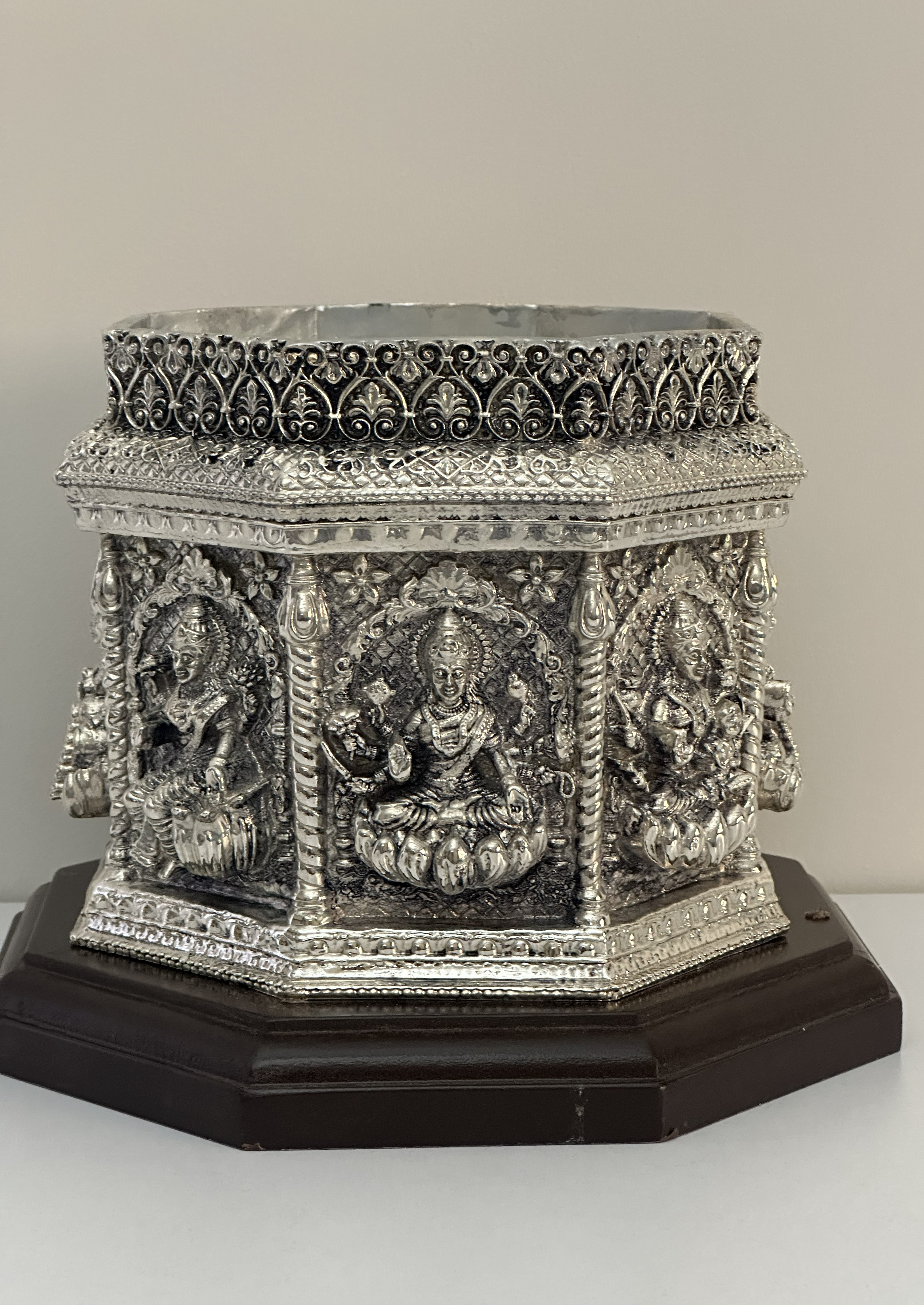 Pure Silver Tulsi Pot with Embossed Deity Panels