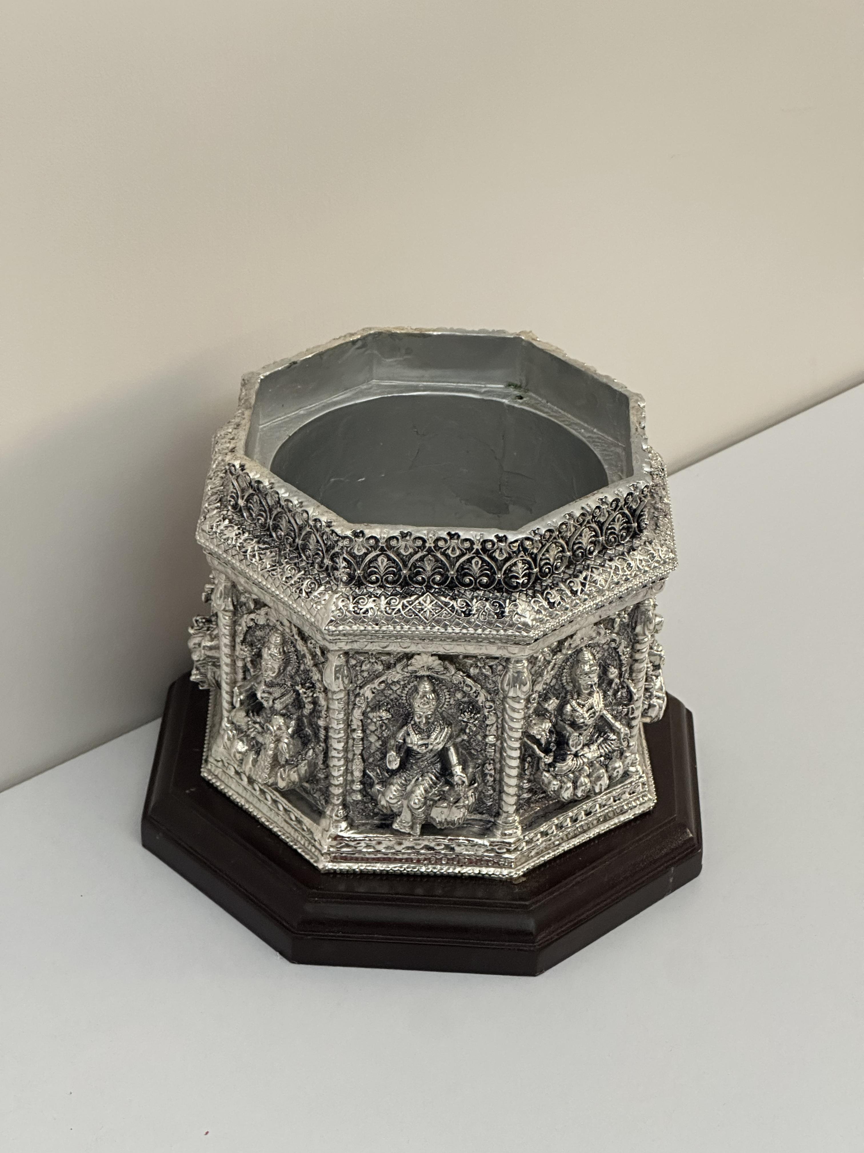 Pure Silver Tulsi Pot with Embossed Deity Panels